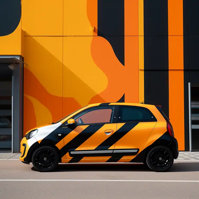 Renault Twingo Folierung mit Streifendesign in orange, schwarz und weiß